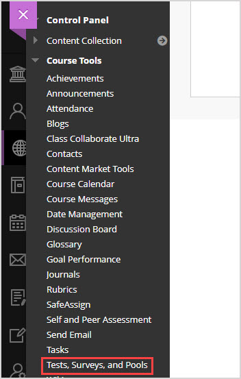 On the Blackboard Control Panel, Tests Surveys and Pools is highlighted.